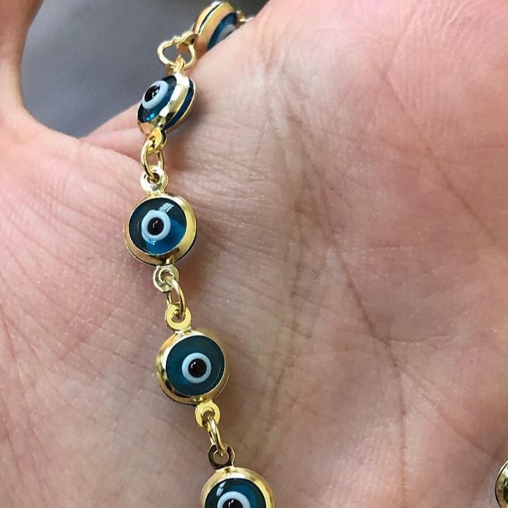 14K Solid Yellow Gold Evil Eye Blue Bracelet 7" in - Picture 14 of 14